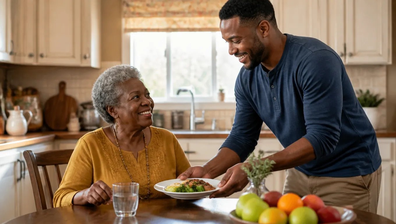Grandmother sharing lunch with her adult grandson in a warm North Texas kitchen